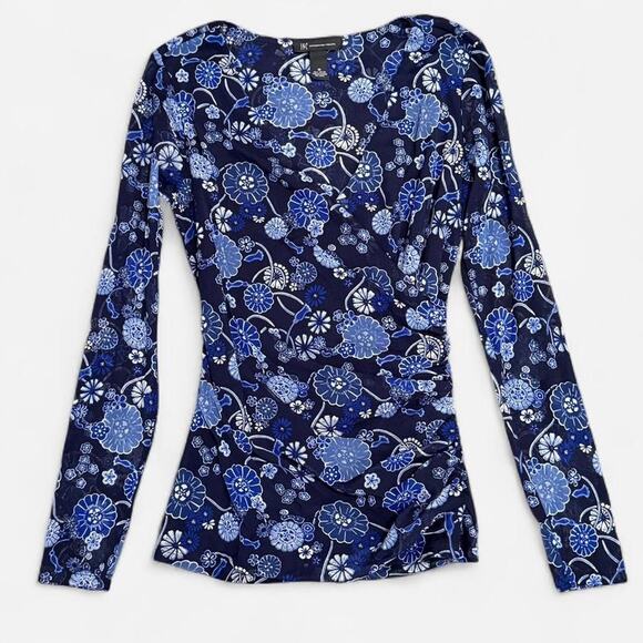 INC International Concepts Dark Blue Floral Mesh Ruched Long Sheer Sleeve Top - Picture 5 of 7